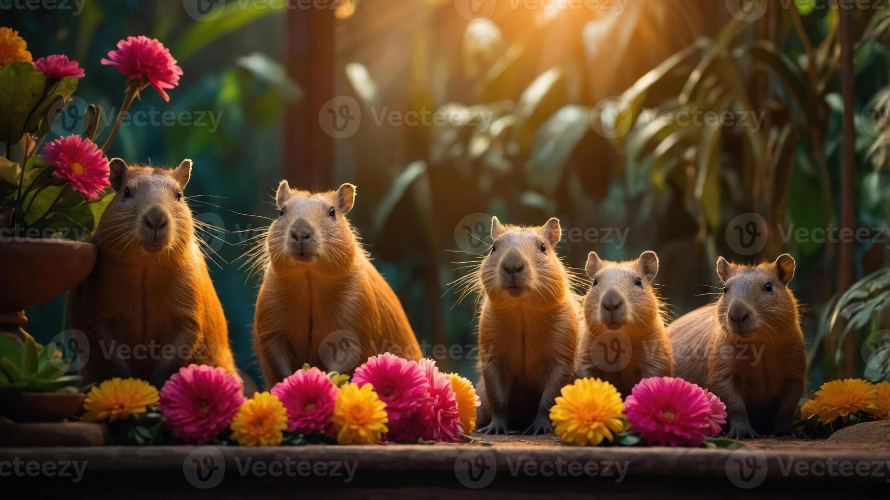 Five capybaras surrounded by colorful flowers in a serene setting. photo