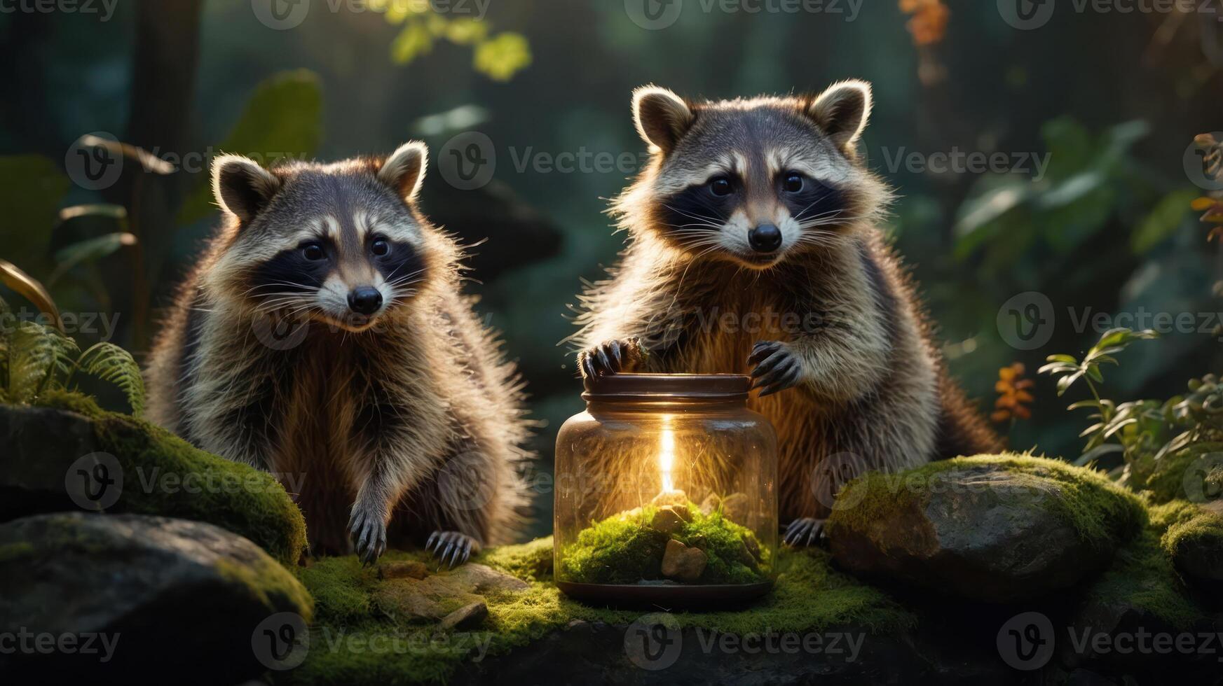 Two raccoons curiously examine a glowing jar in a lush, green forest setting. photo