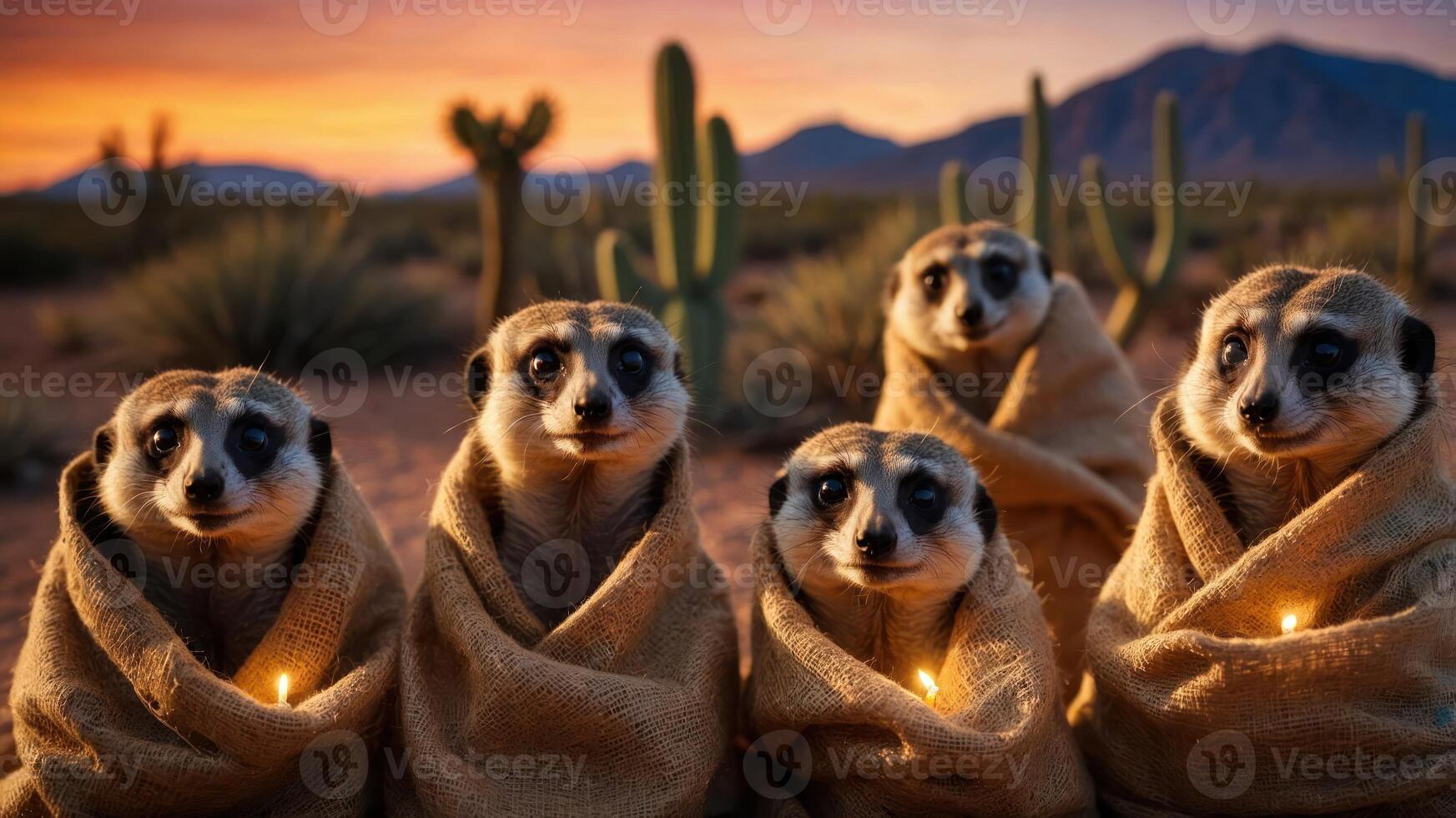 A group of meerkats wrapped in blankets, gathered in a desert landscape at sunset. photo