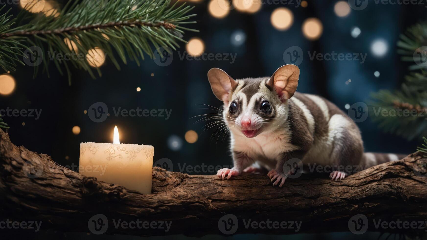 A sugar glider perched on a branch beside a lit candle, creating a cozy atmosphere. photo