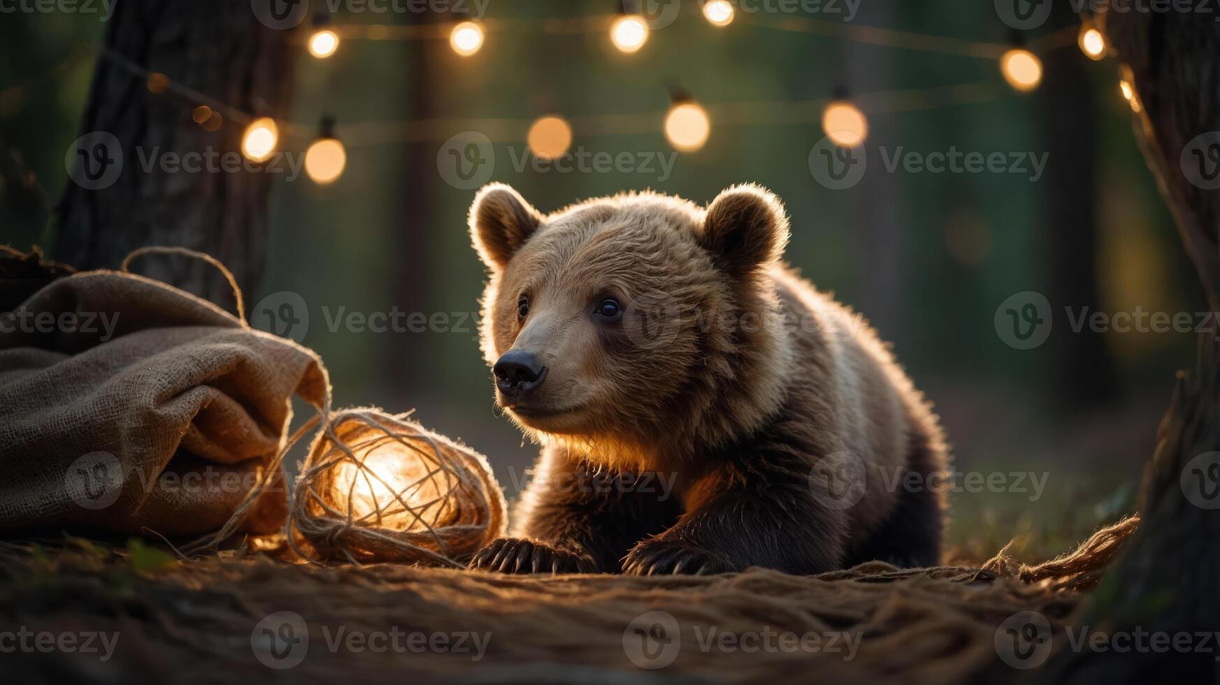 A cute bear cub surrounded by warm lights and natural elements in a forest setting. photo