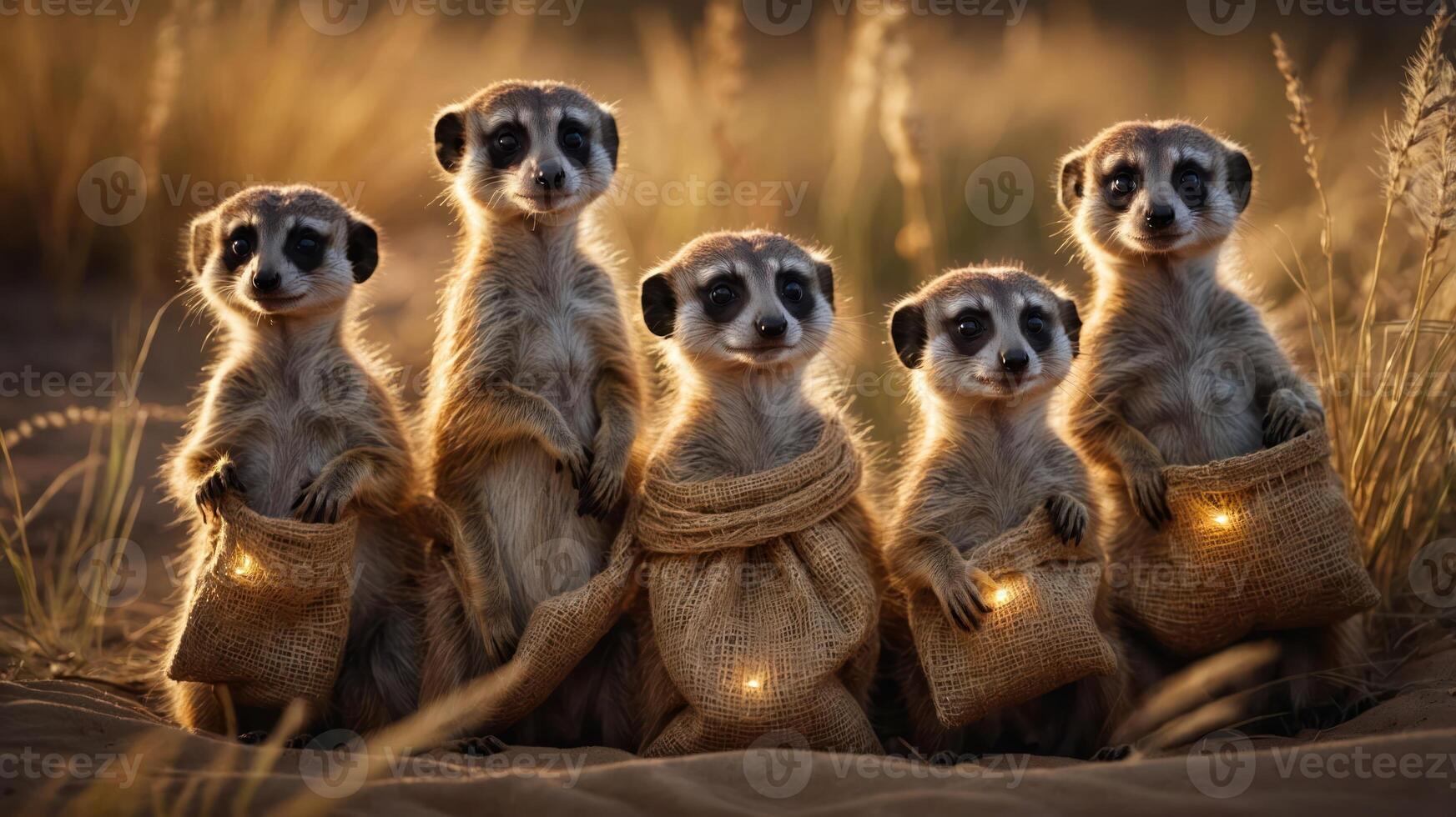 Five meerkats standing together in a grassy area, each holding a small bag with lights. photo