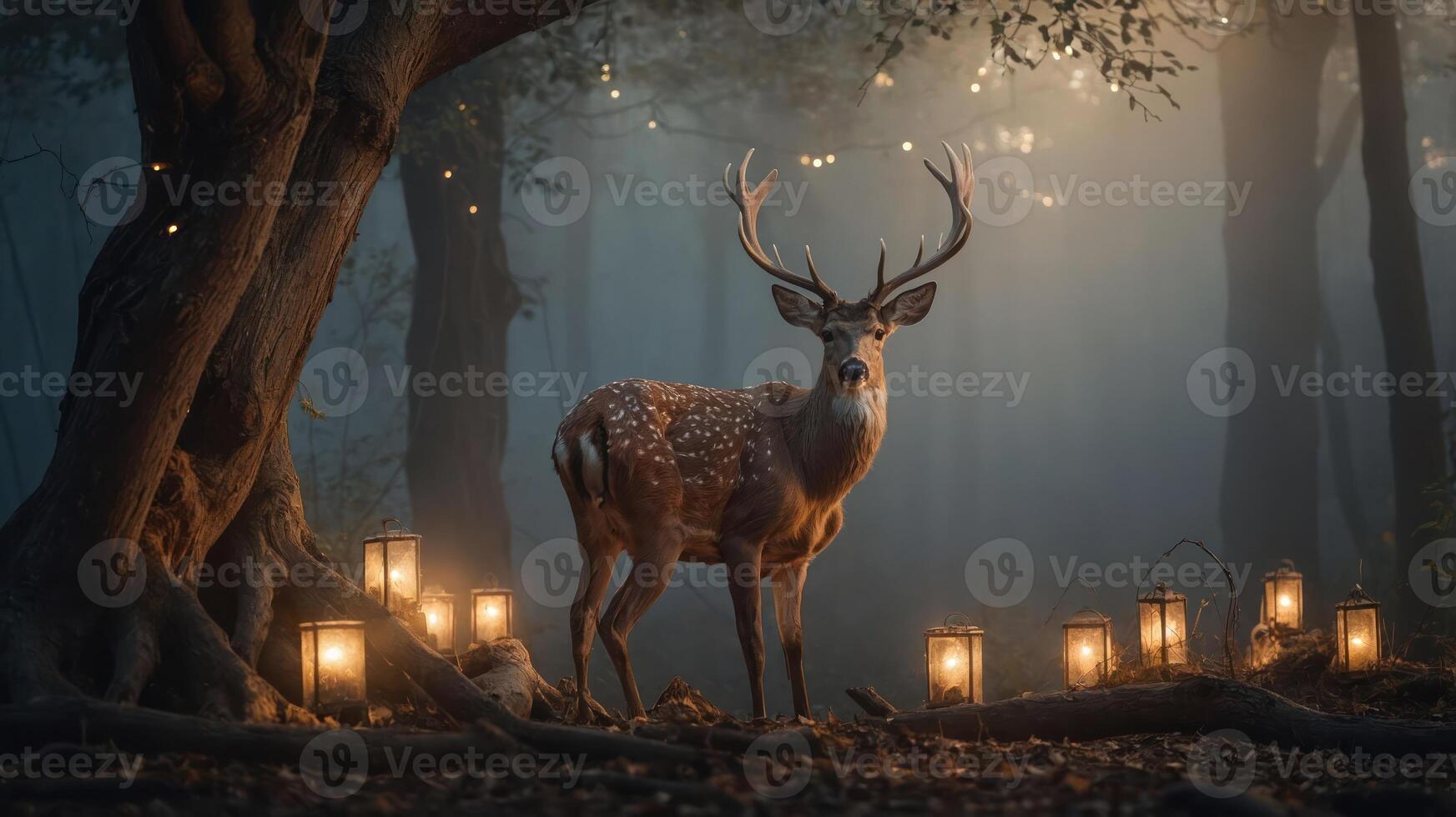 A serene deer stands amidst glowing lanterns in a misty forest. photo