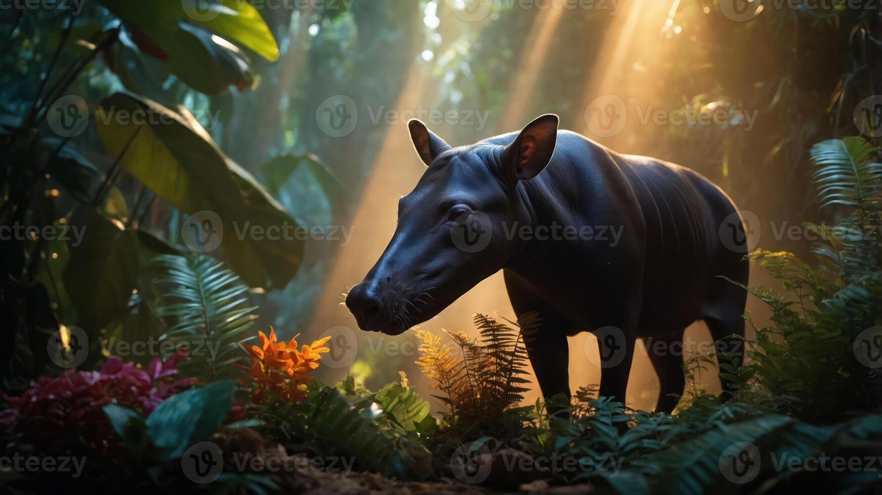A tapir stands in a lush, sunlit jungle, surrounded by vibrant plants and soft light beams. photo