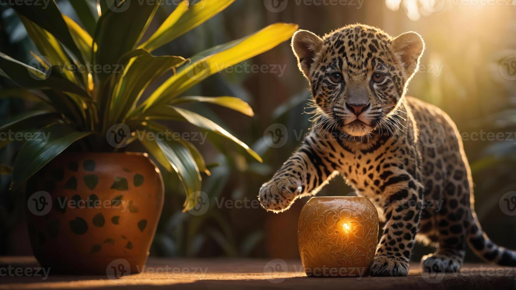 A playful jaguar cub interacts with a glowing object beside lush green plants. photo