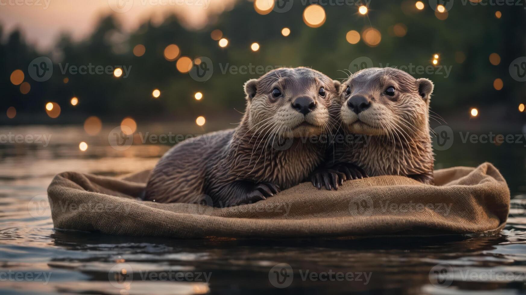 Two otters cuddling on a blanket in a serene water setting with a dreamy background. photo