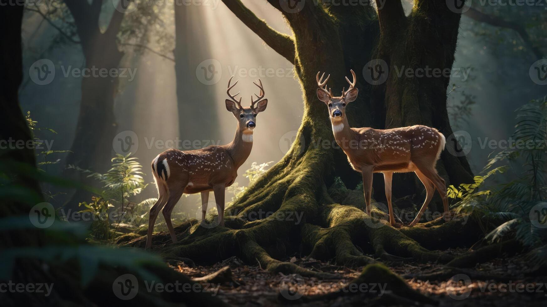 Two deer stand gracefully in a sunlit forest, surrounded by lush greenery and mossy trees. photo