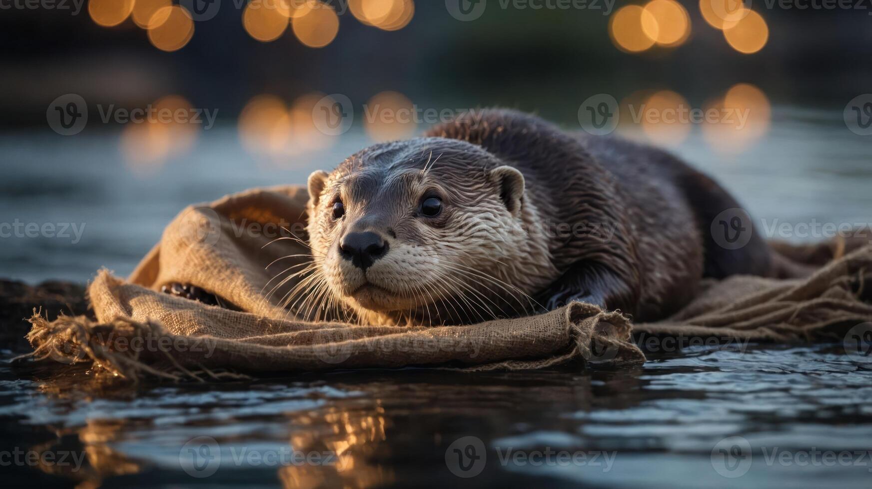 A close-up of an otter resting on a textured surface in a serene water setting. photo