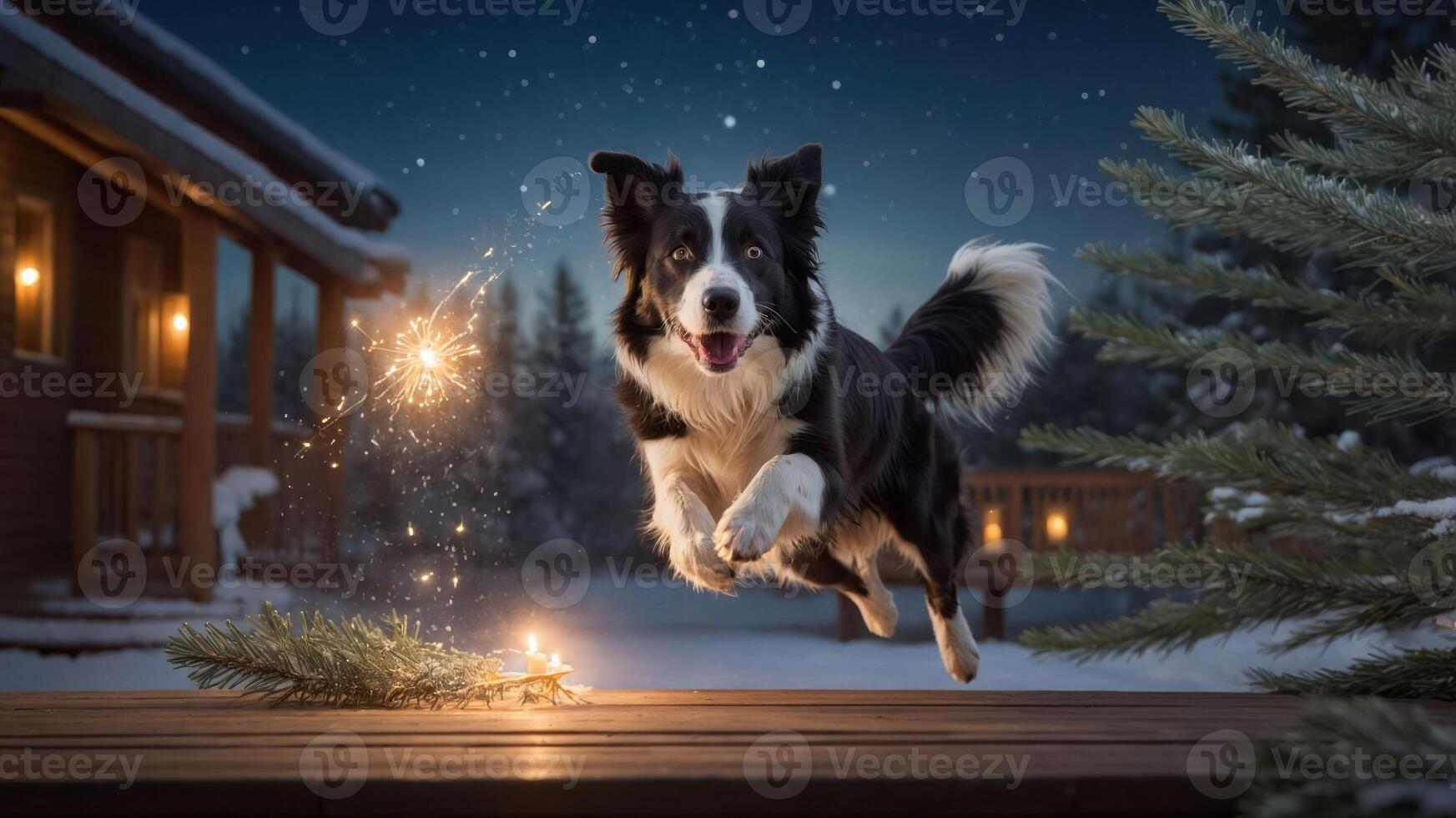 A joyful dog leaps in the snow, surrounded by a winter landscape and festive sparks. photo