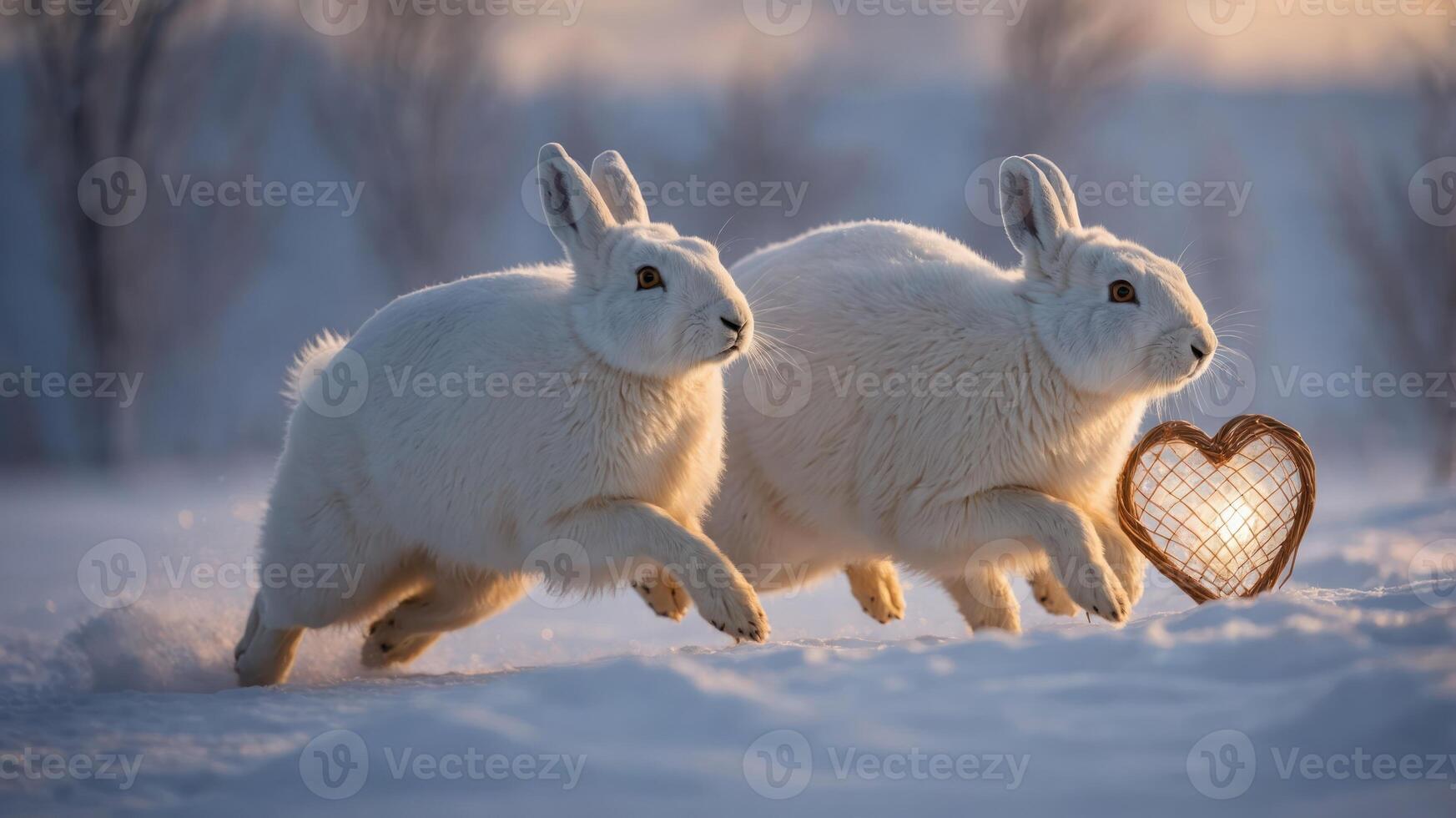 Two white rabbits joyfully running in the snow, holding a glowing heart-shaped object. photo