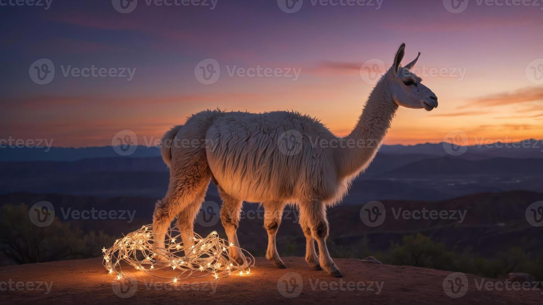 A llama stands on a rocky ledge at sunset, adorned with twinkling fairy lights. photo