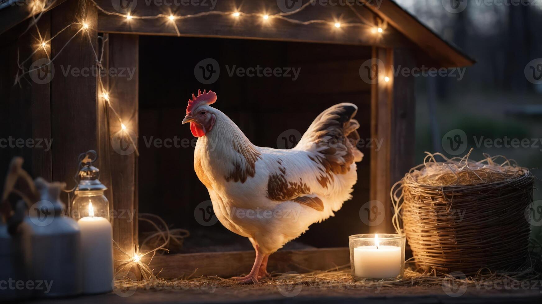 A serene scene featuring a chicken outside a cozy wooden coop illuminated by fairy lights. photo