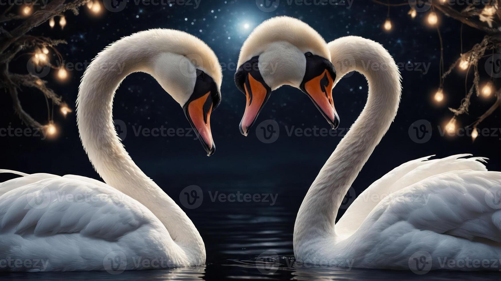 Two swans forming a heart shape against a starry night backdrop with soft glowing lights. photo