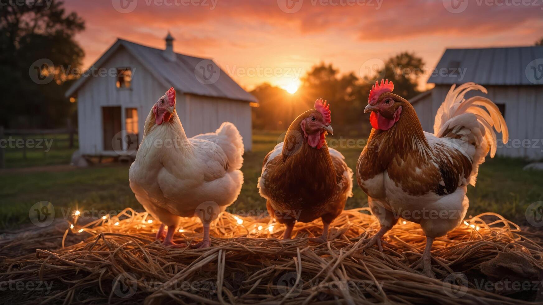 Three chickens on straw at sunset near a farmhouse, creating a serene rural scene. photo