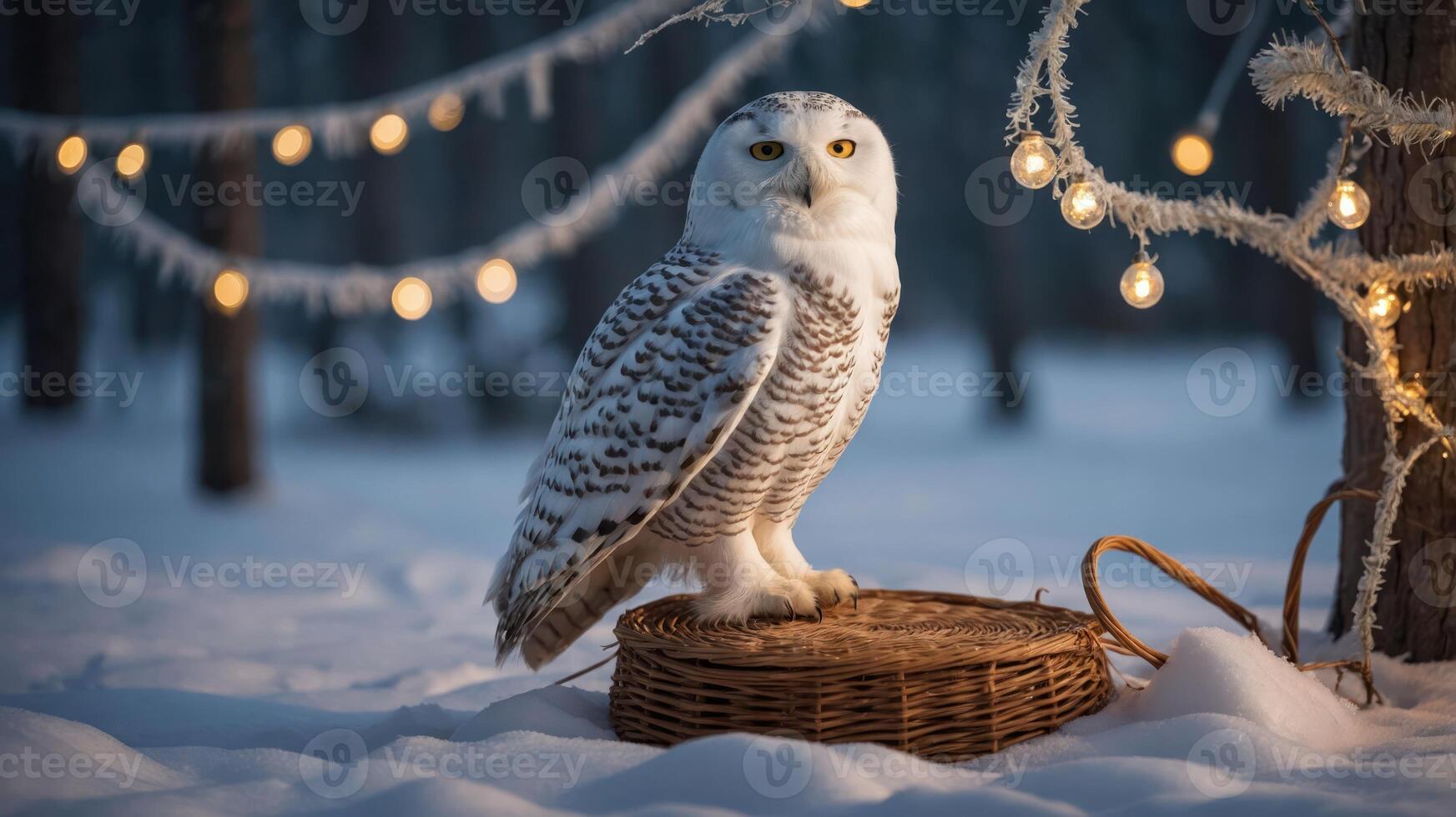 A snowy owl perched on a basket in a winter forest, illuminated by string lights. photo