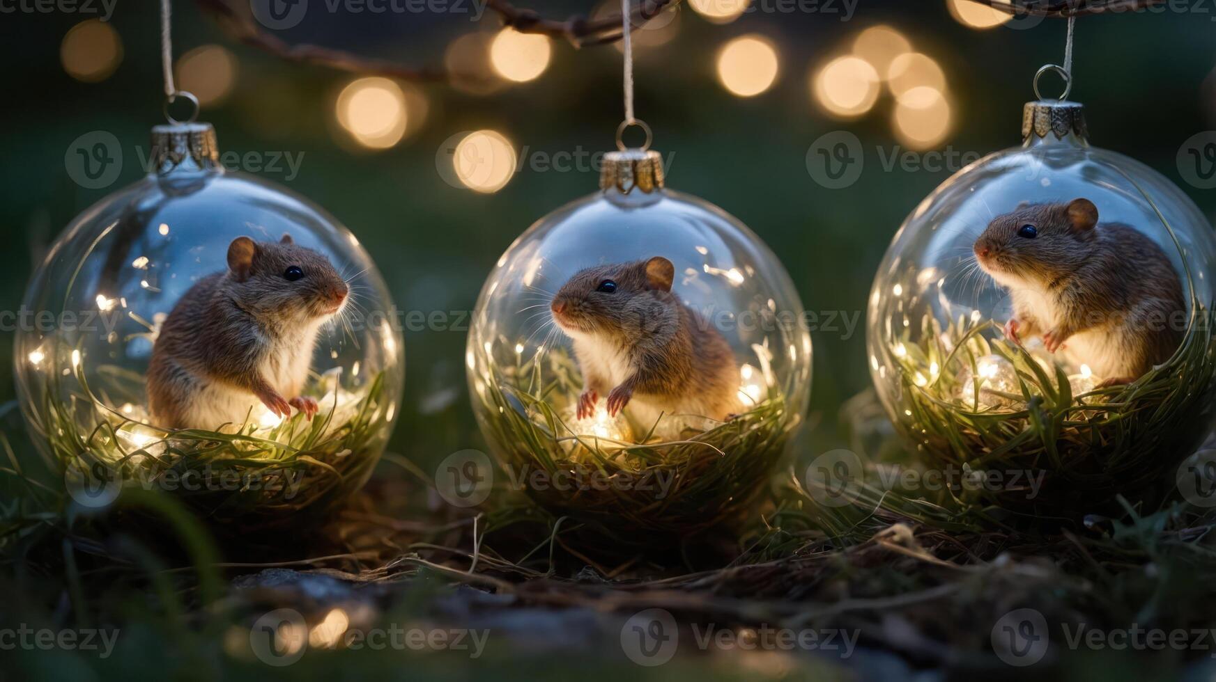 Three glass ornaments with hamsters and fairy lights, set against a blurred background. photo