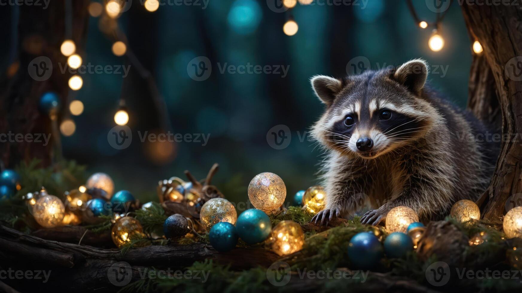 A raccoon surrounded by colorful ornaments and soft lights in a serene forest setting. photo