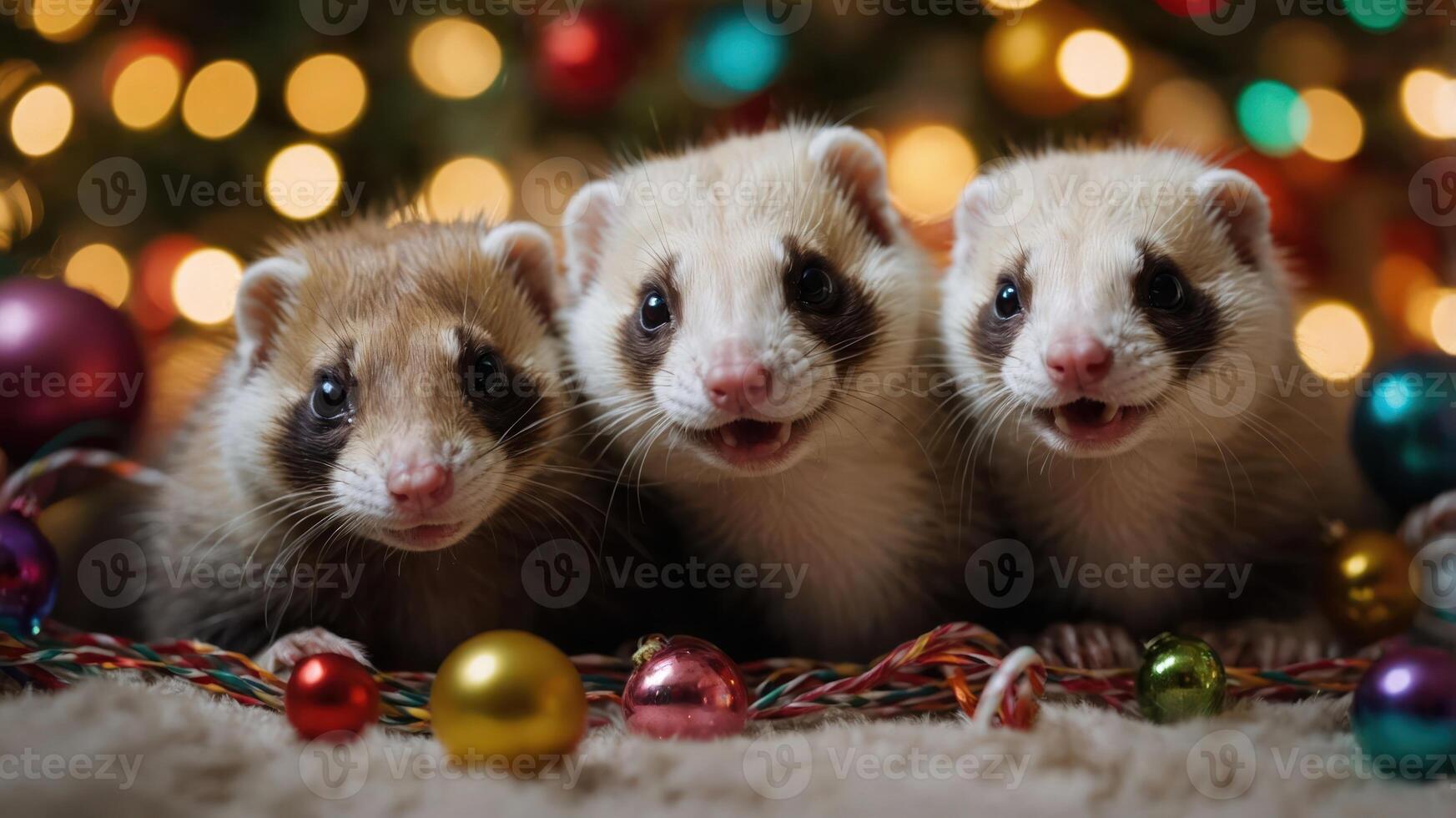 Three playful ferrets surrounded by colorful ornaments and holiday lights. photo