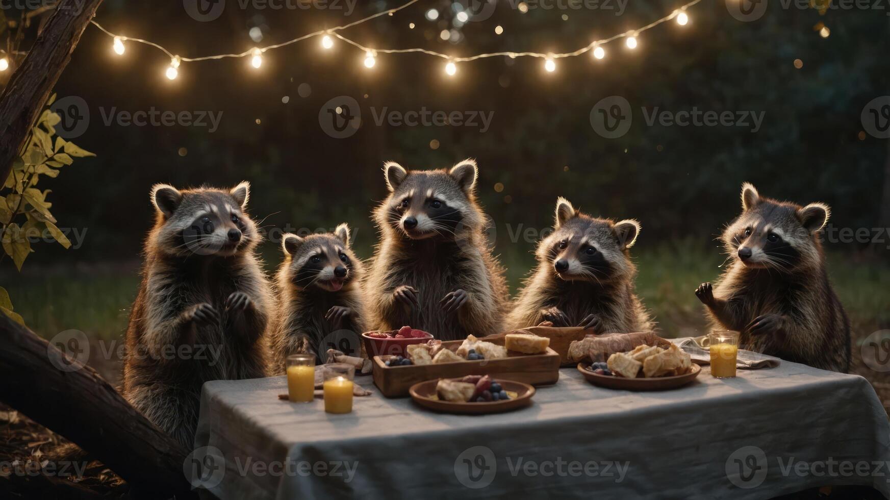 A whimsical scene of raccoons dining at a table under fairy lights in a forest. photo