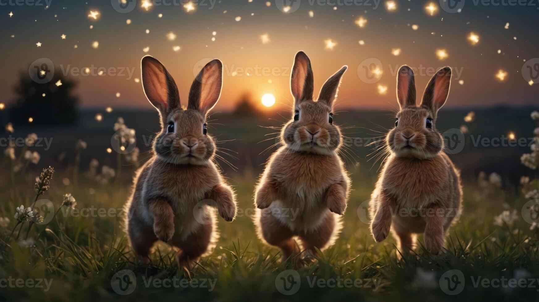 Three playful rabbits frolic in a magical sunset setting with sparkling lights. photo