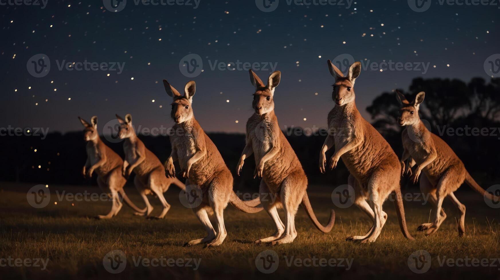 A group of kangaroos standing in a field under a starry night sky. photo