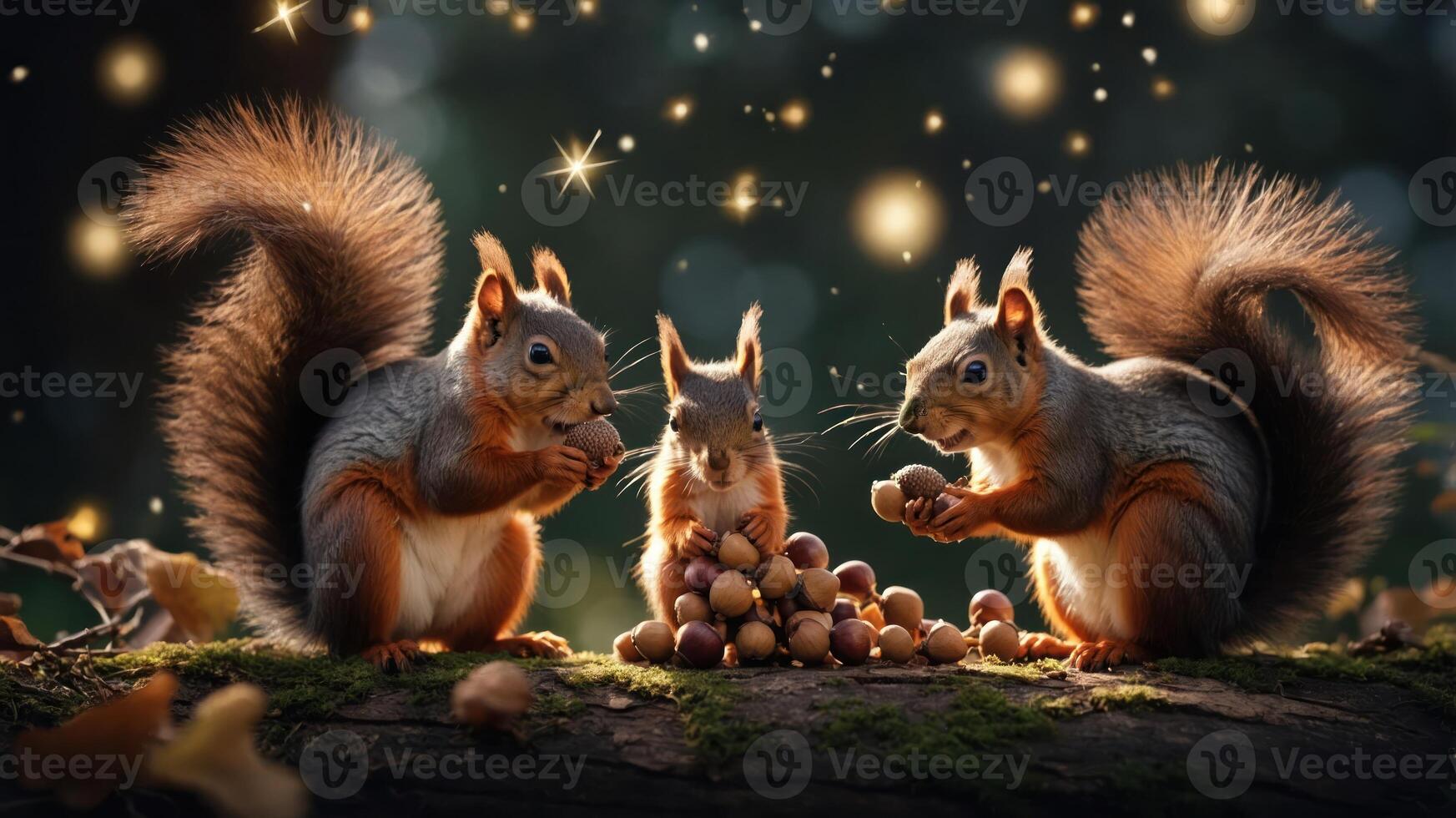 Three squirrels gather and enjoy nuts on a log, surrounded by a magical, sparkly atmosphere. photo