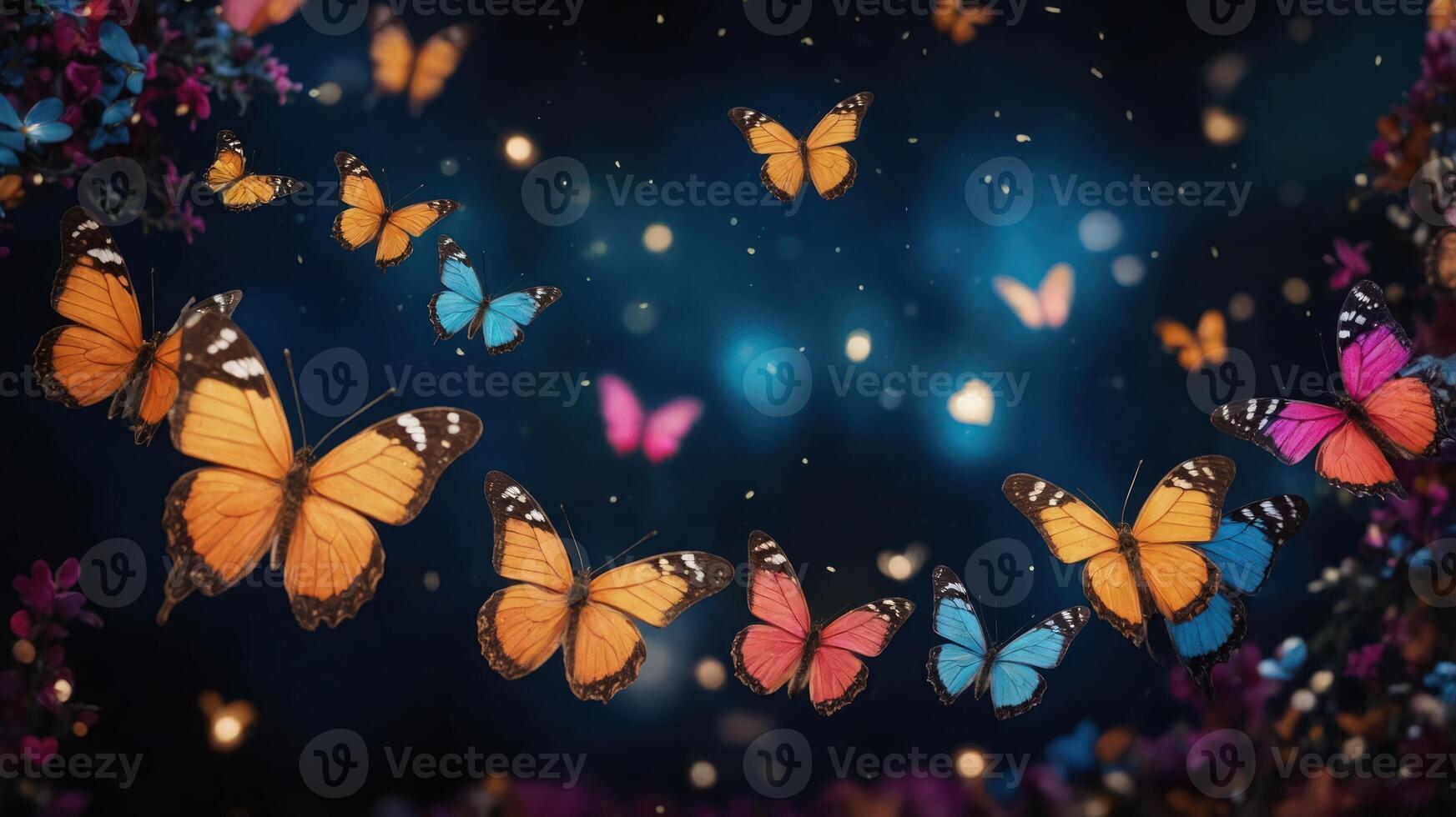 A vibrant scene of colorful butterflies in a mystical setting. photo