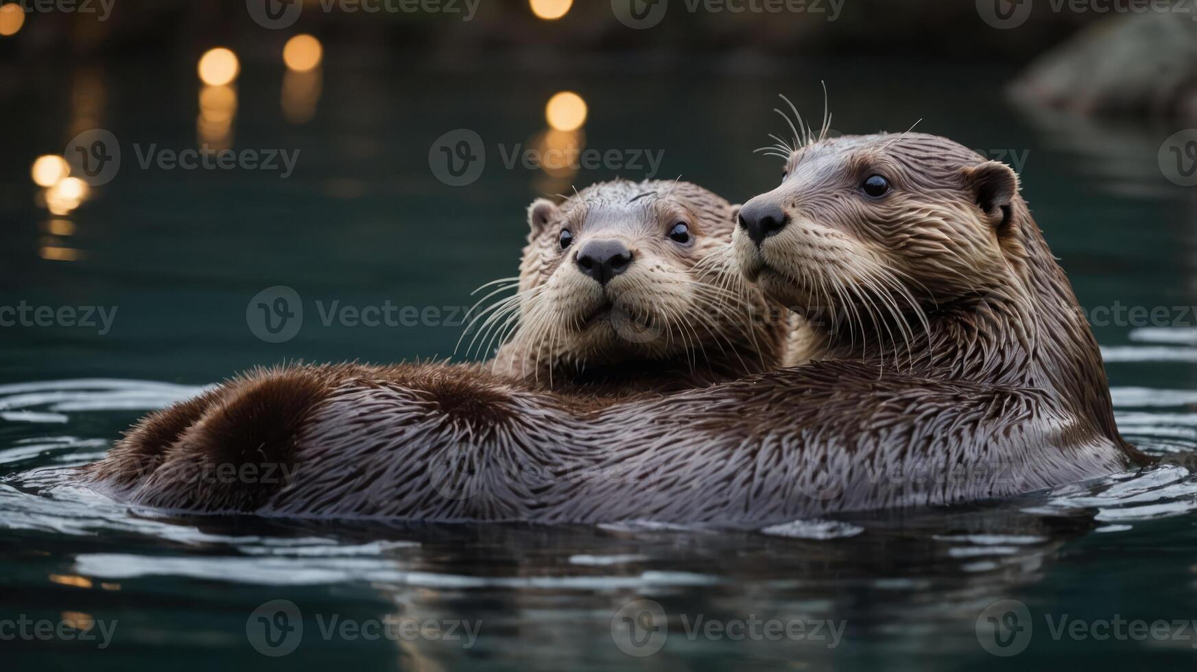 Two otters floating together in a serene water setting, showcasing their playful nature. photo