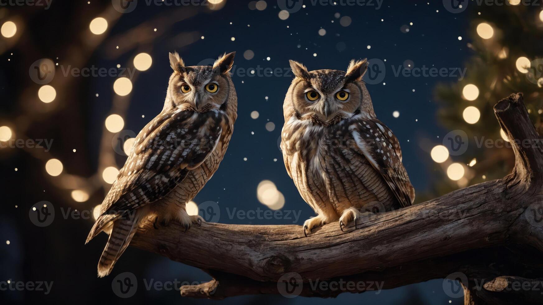 Two owls perched on a branch with a bokeh background of lights. photo