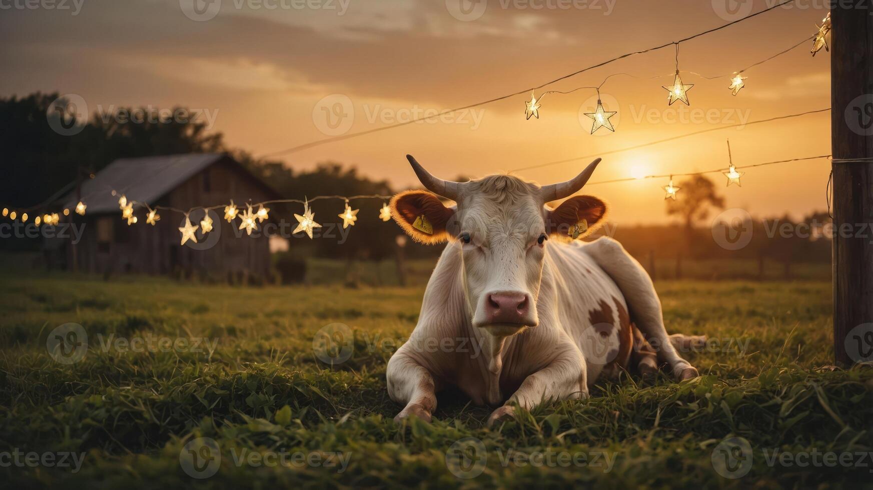 A serene cow rests in a field at sunset, surrounded by twinkling star lights. photo