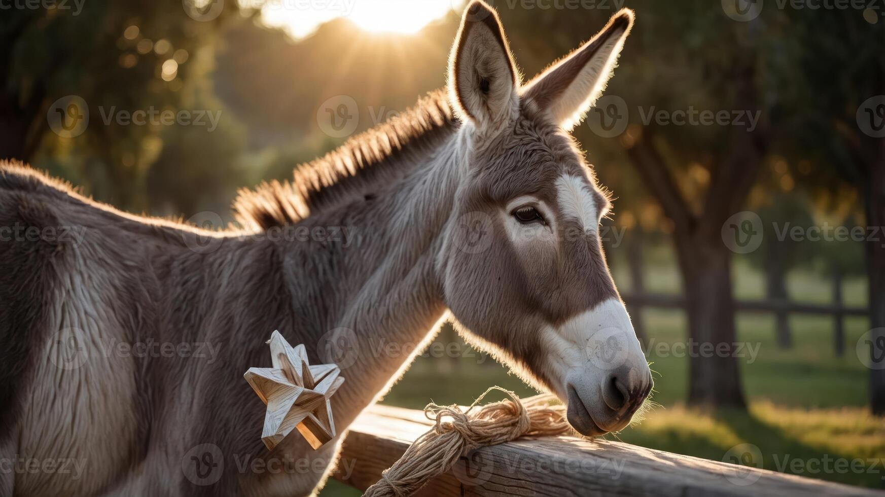 A serene donkey resting by a wooden fence during sunset, surrounded by nature. photo