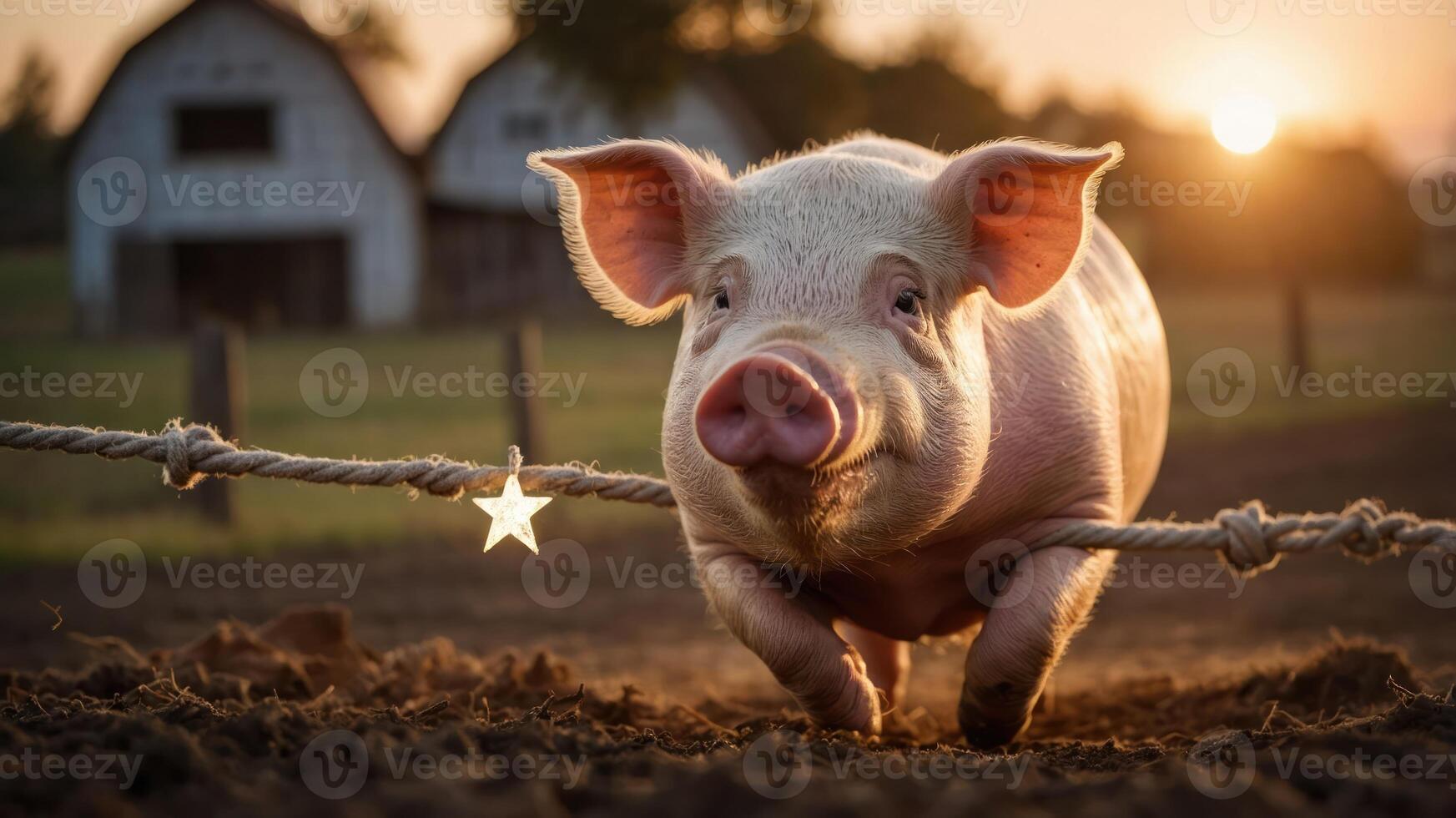 A playful pig running joyfully in a farm setting during sunset. photo