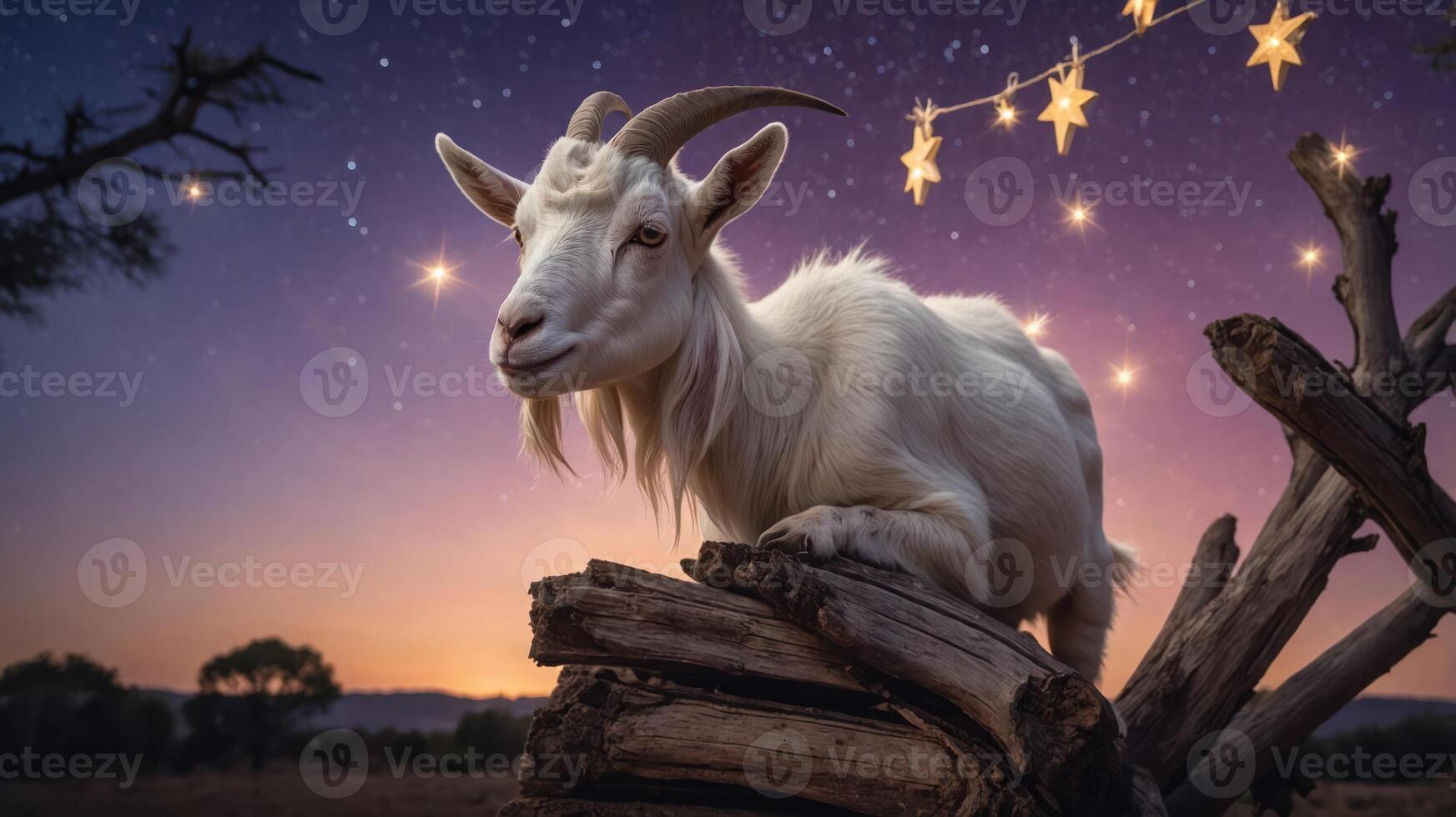 A serene goat perched on a log under a starry sky, evoking a peaceful, whimsical atmosphere. photo