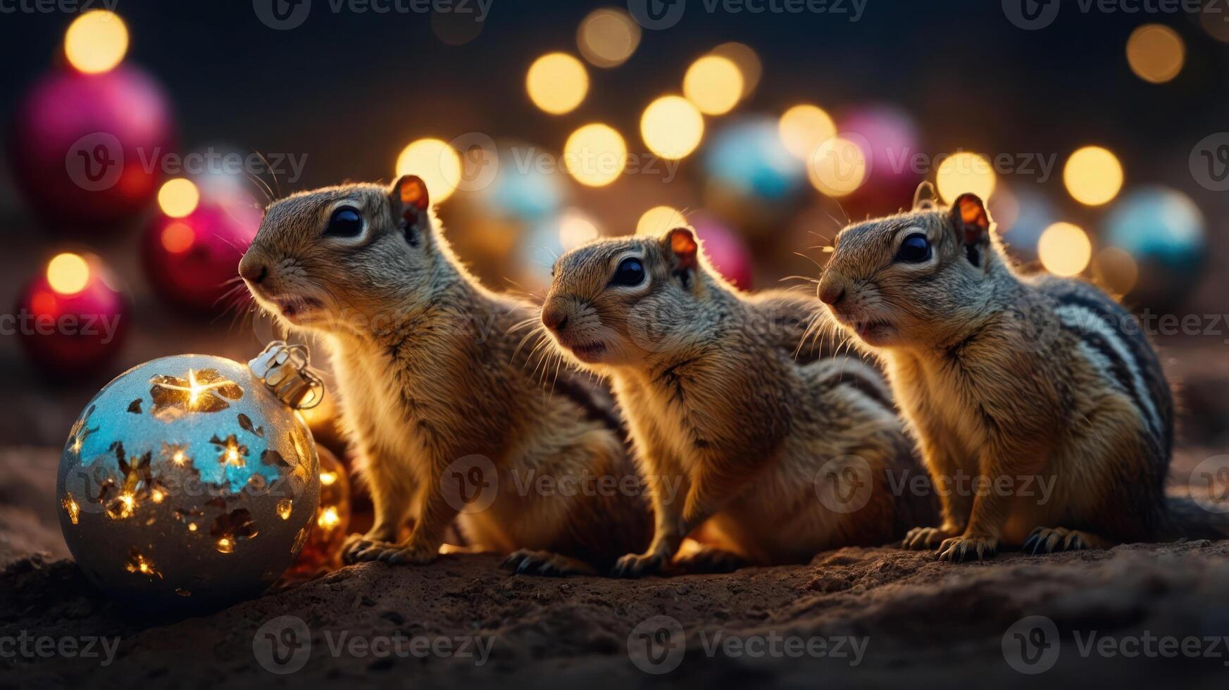 Three squirrels curiously gaze at a festive ornament surrounded by colorful bokeh lights. photo