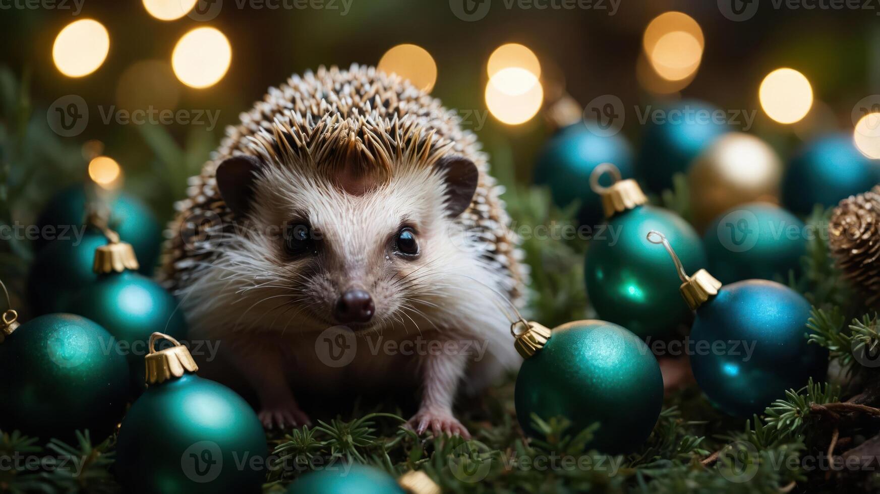 A hedgehog surrounded by green Christmas ornaments and soft lights, evoking a festive mood. photo