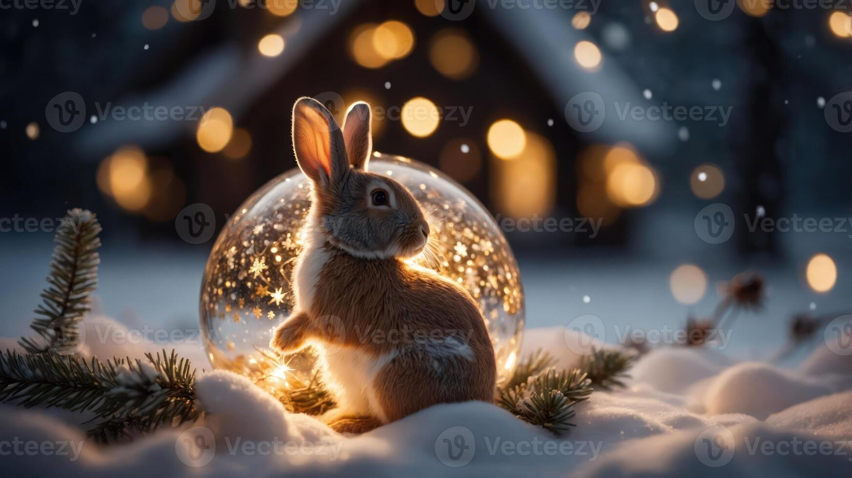 A rabbit inside a glowing snow globe surrounded by snow and soft lights. photo