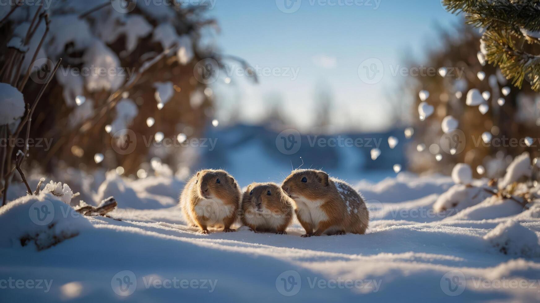 Three small animals in the snow, surrounded by a serene winter landscape. photo