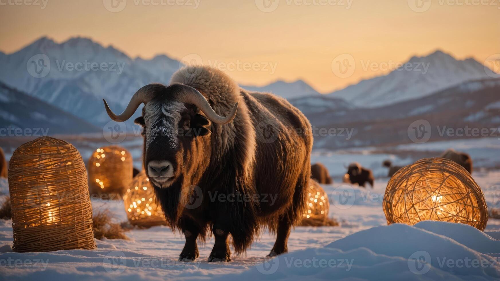 A musk ox stands in a snowy landscape, surrounded by glowing woven structures at sunset. photo