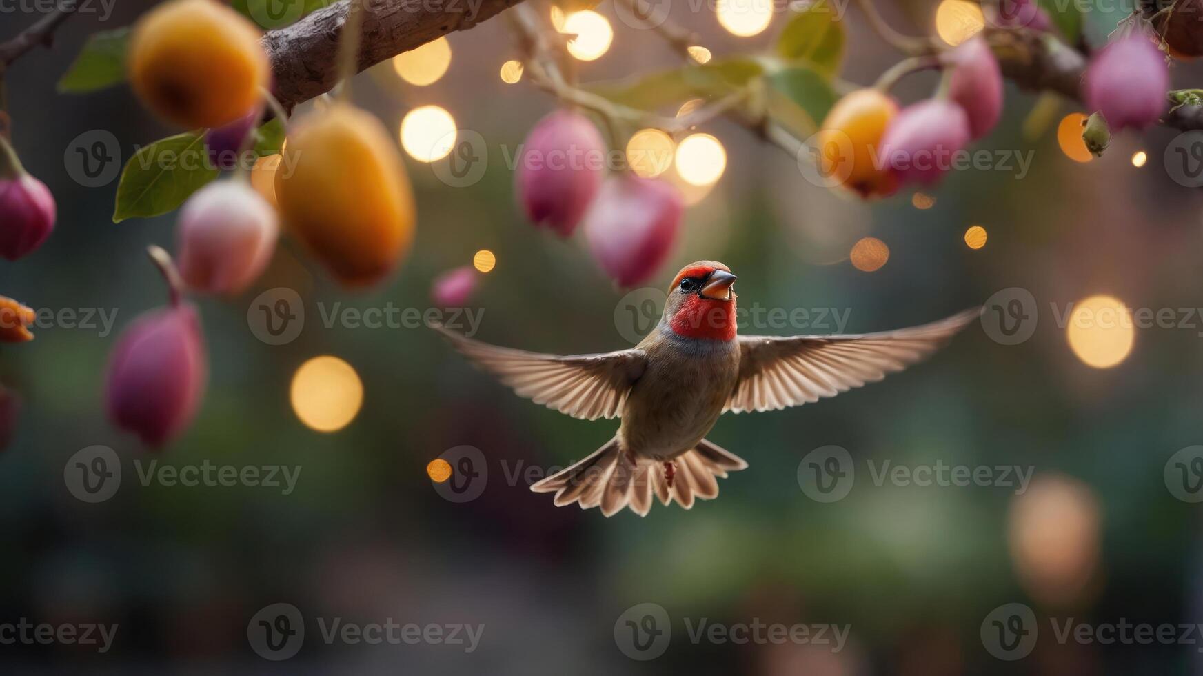 A vibrant bird hovers near colorful blossoms with soft bokeh lights in the background. photo