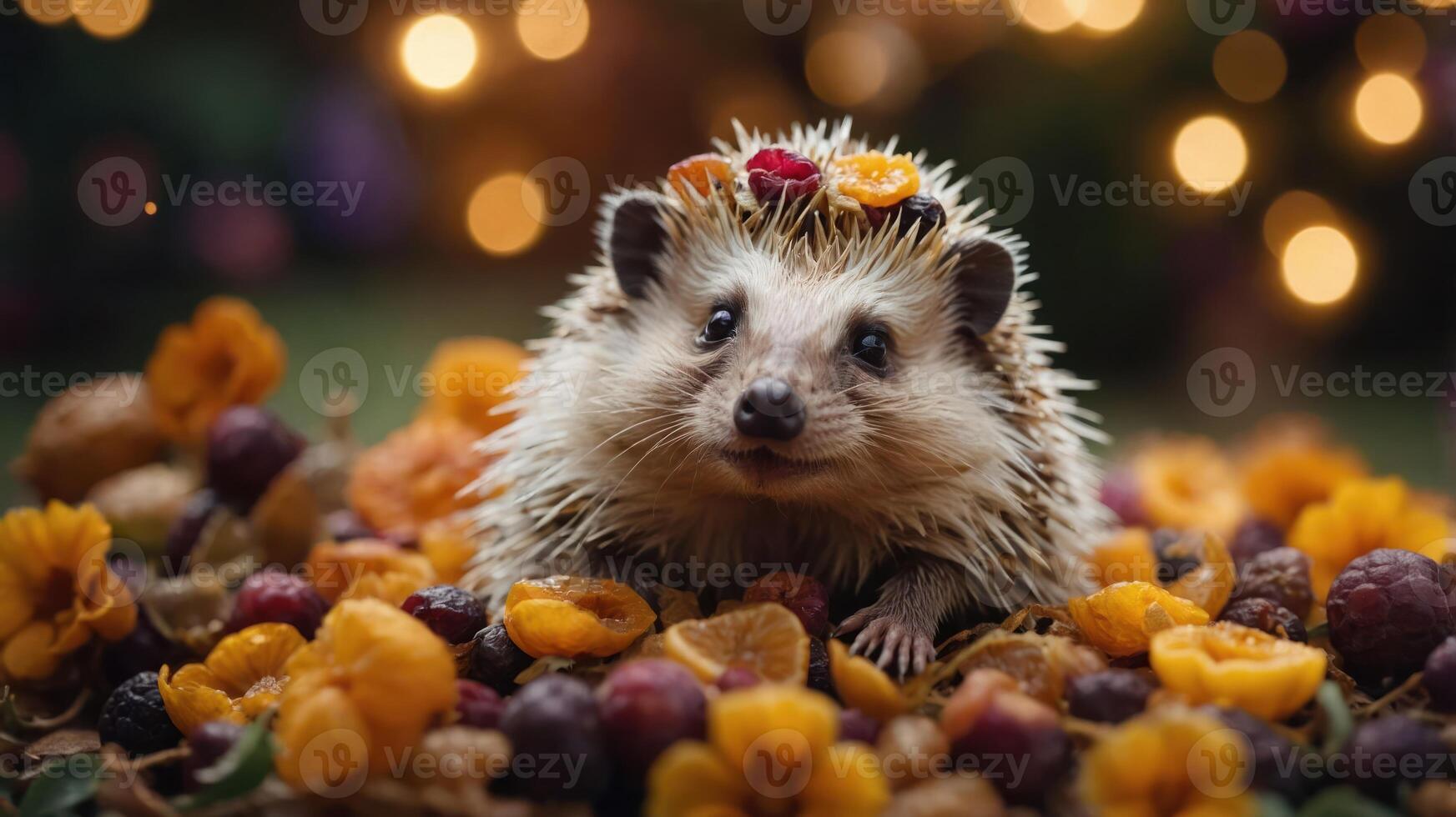 A hedgehog surrounded by colorful fruits and flowers in a whimsical setting. photo