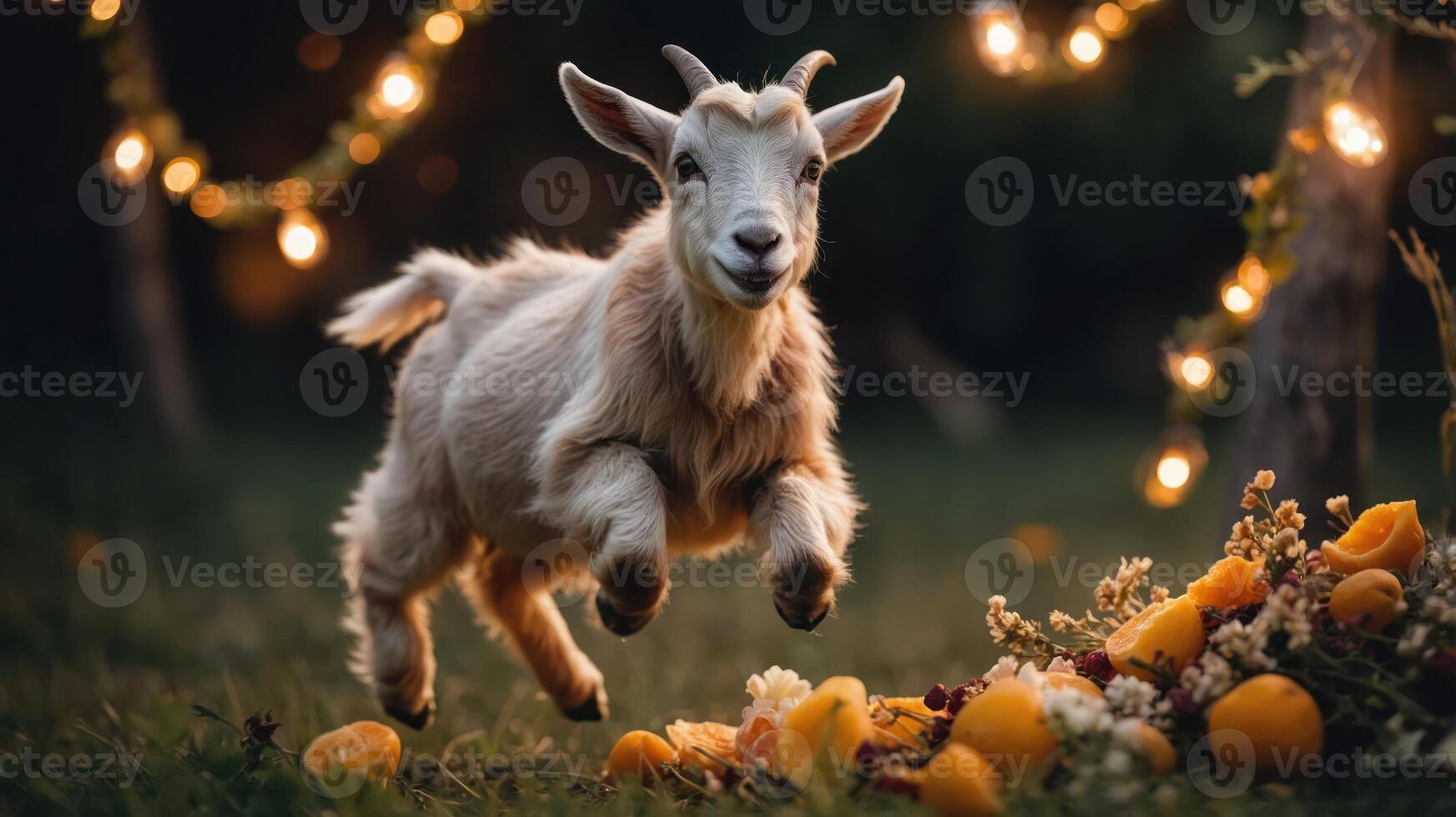 A playful goat leaps joyfully near a colorful arrangement of fruits and flowers under lights. photo