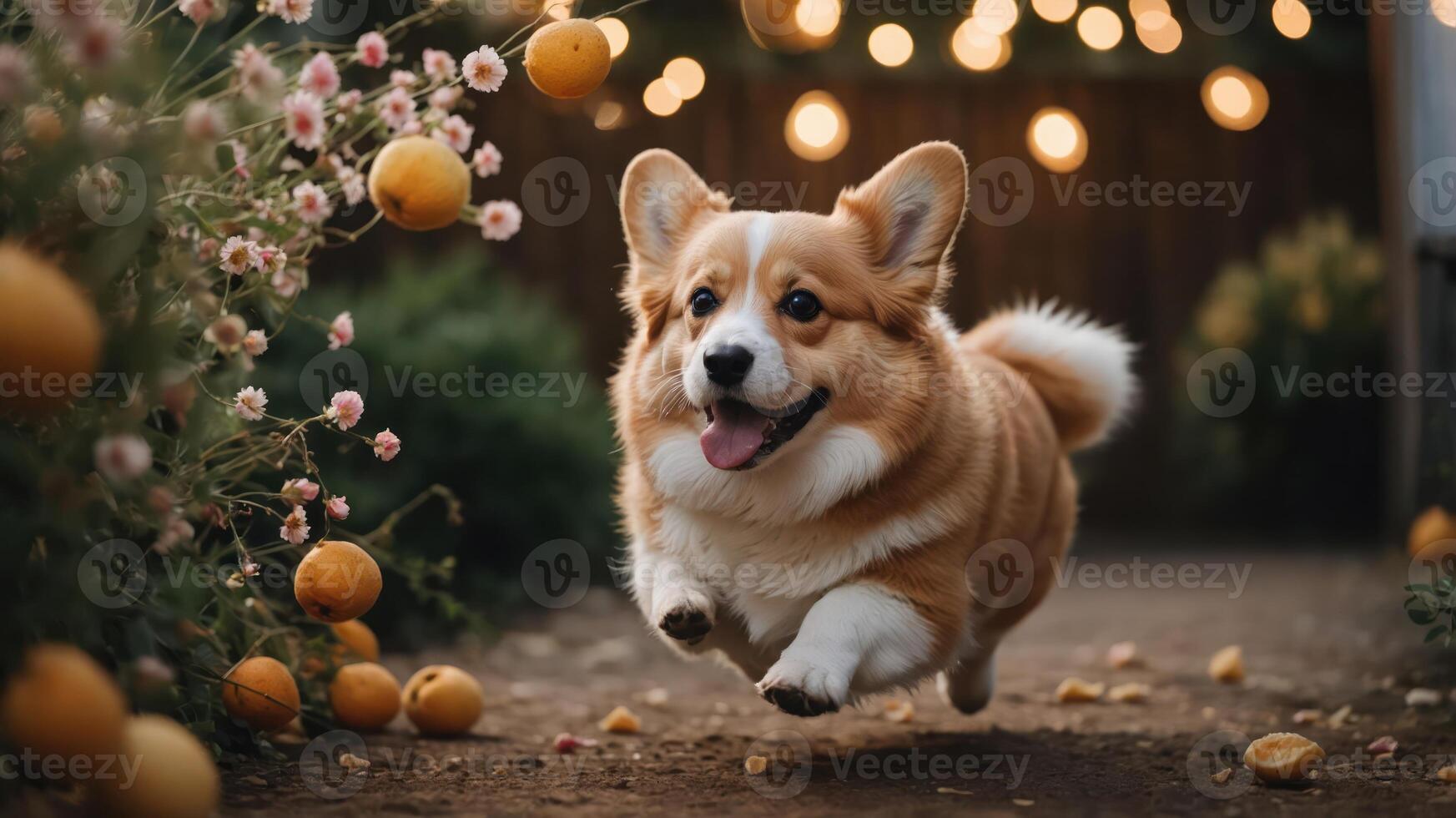 A playful corgi joyfully leaps through a garden filled with flowers and citrus fruits. photo