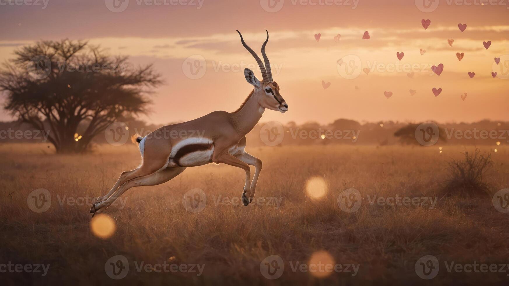A graceful antelope leaps across a golden landscape at sunset, surrounded by hearts. photo