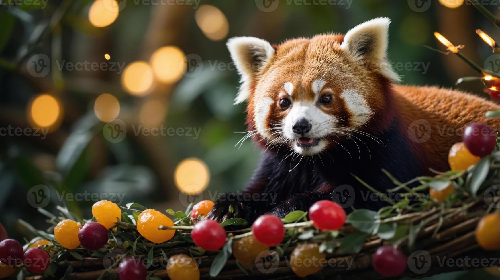 A red panda playfully interacts with colorful fruits in a lush, festive setting. photo