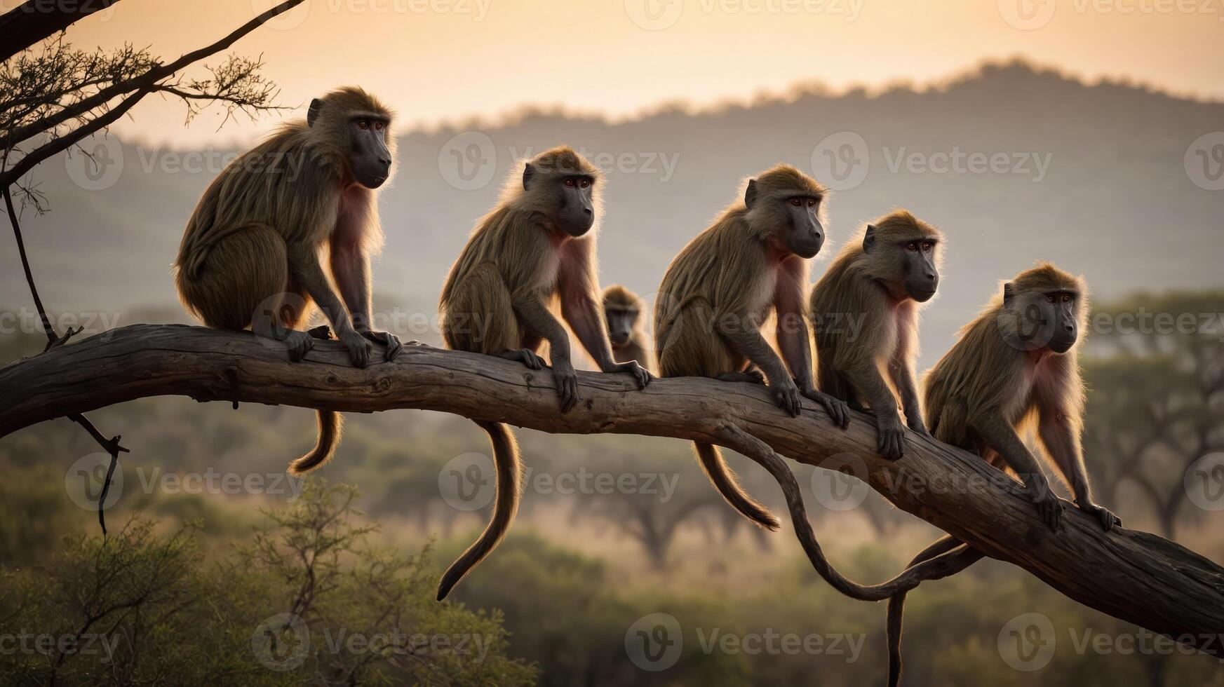A group of baboons sitting on a branch during sunset in a natural landscape. photo