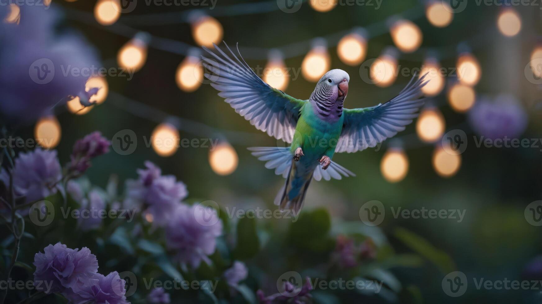 A colorful parrot in flight surrounded by flowers and glowing lights. photo
