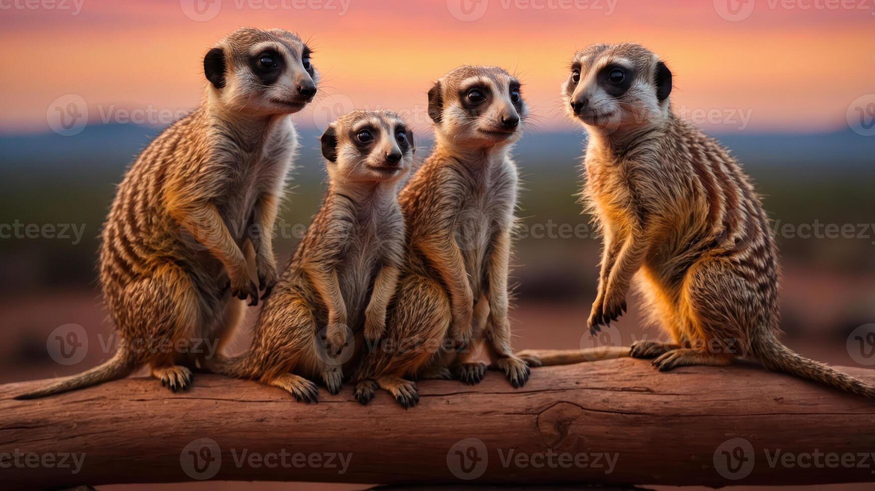 Four meerkats sitting on a log during a colorful sunset in a natural setting. photo