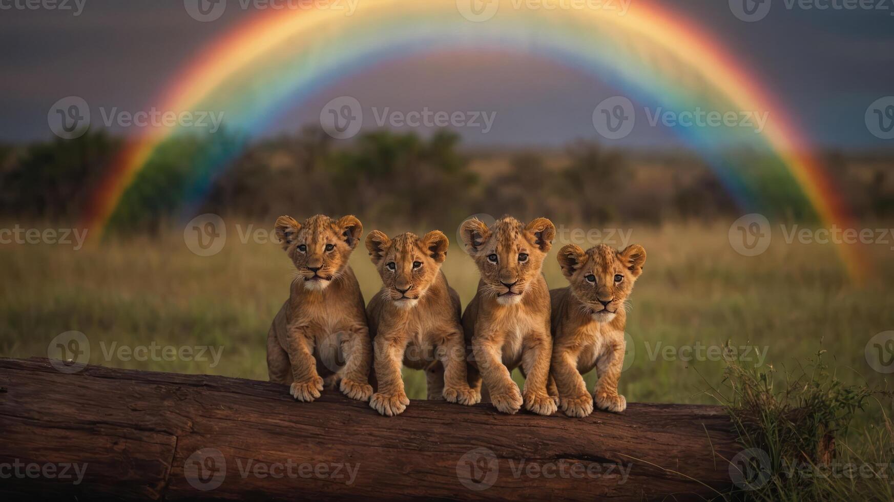 Four lion cubs sit on a log under a vibrant rainbow in a grassy landscape. photo
