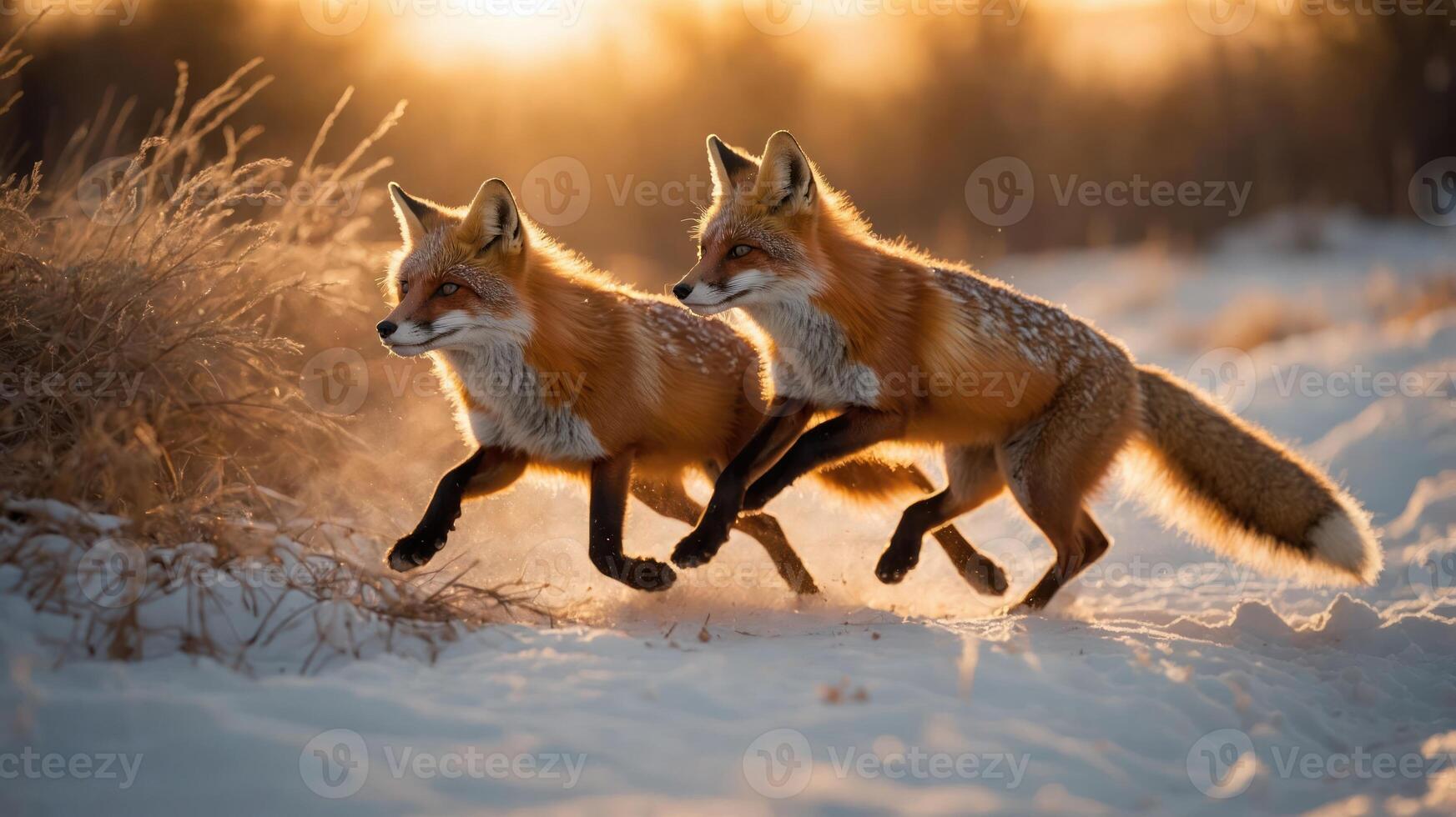 Two foxes running through a snowy landscape at sunset, showcasing nature's beauty. photo