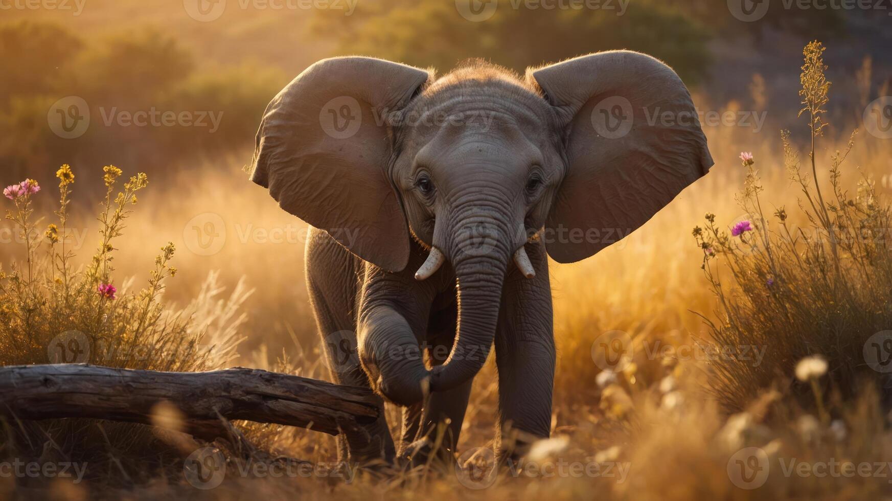 A young elephant walking through a sunlit field of tall grass and wildflowers. photo